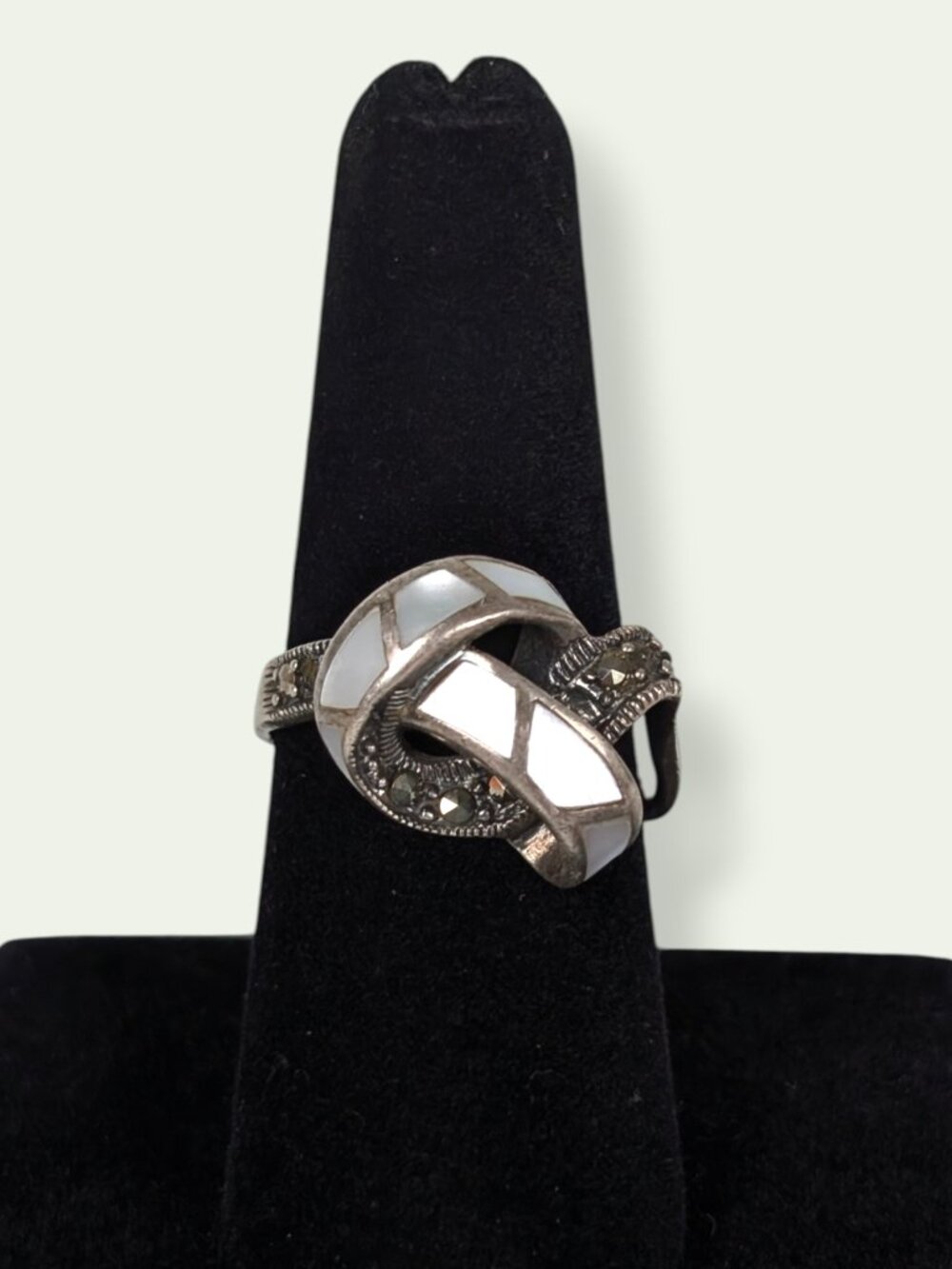 Vintage 925 Mother of Pearl & Marcasite Abstract Twist Ring